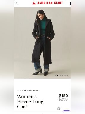 American Giant Fleece Long Coat Womens Black Shawl Hood Size M/L NWOT